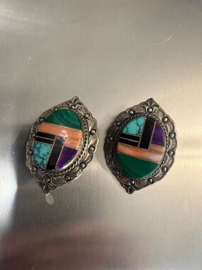 Vintage inlay Sterling earrings by Coriz - Santo Domingo pueblo